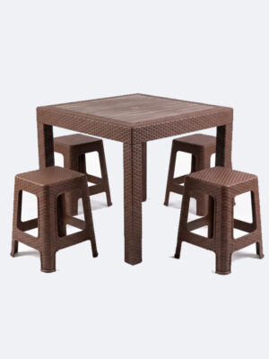 Juego de 4 Banquitos+Mesa Plastica Cuadrada Desarmable Laraplas Estilo Ratan Marron